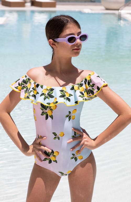 Nessi Byrd Off Shoulder Multicolor Lemon Print One-piece Swimsuit, Little Kid-big Kid In Multi