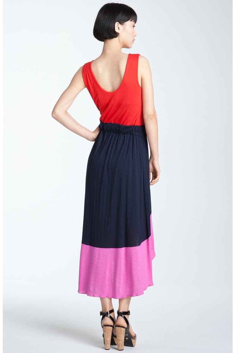 'Phoebe' Asymmetrical Hem Colorblock Dress, Alternate, color, FLAME SCARLET MULTI