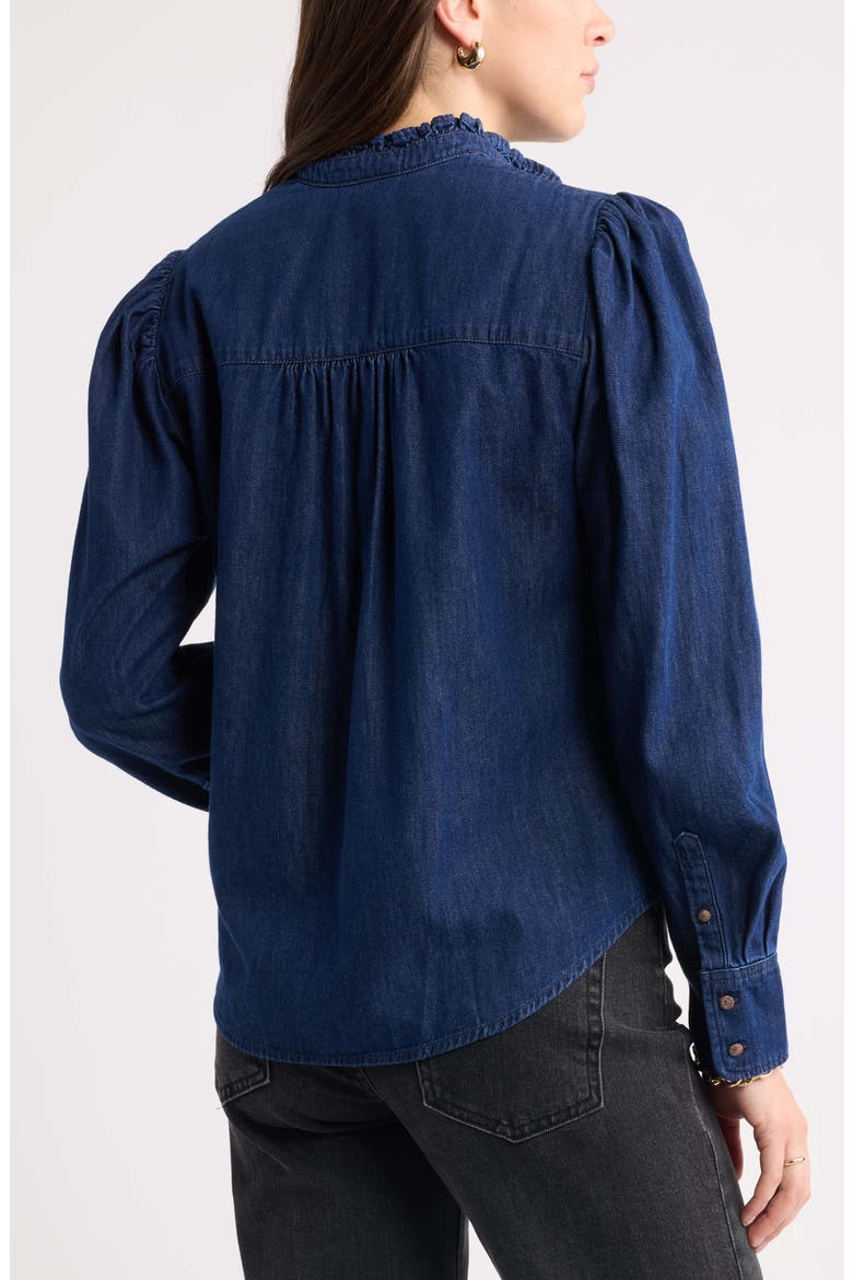 Ruffle Neck Puffed Sleeve Chambray Shirt, Alternate, color, DARK WASH