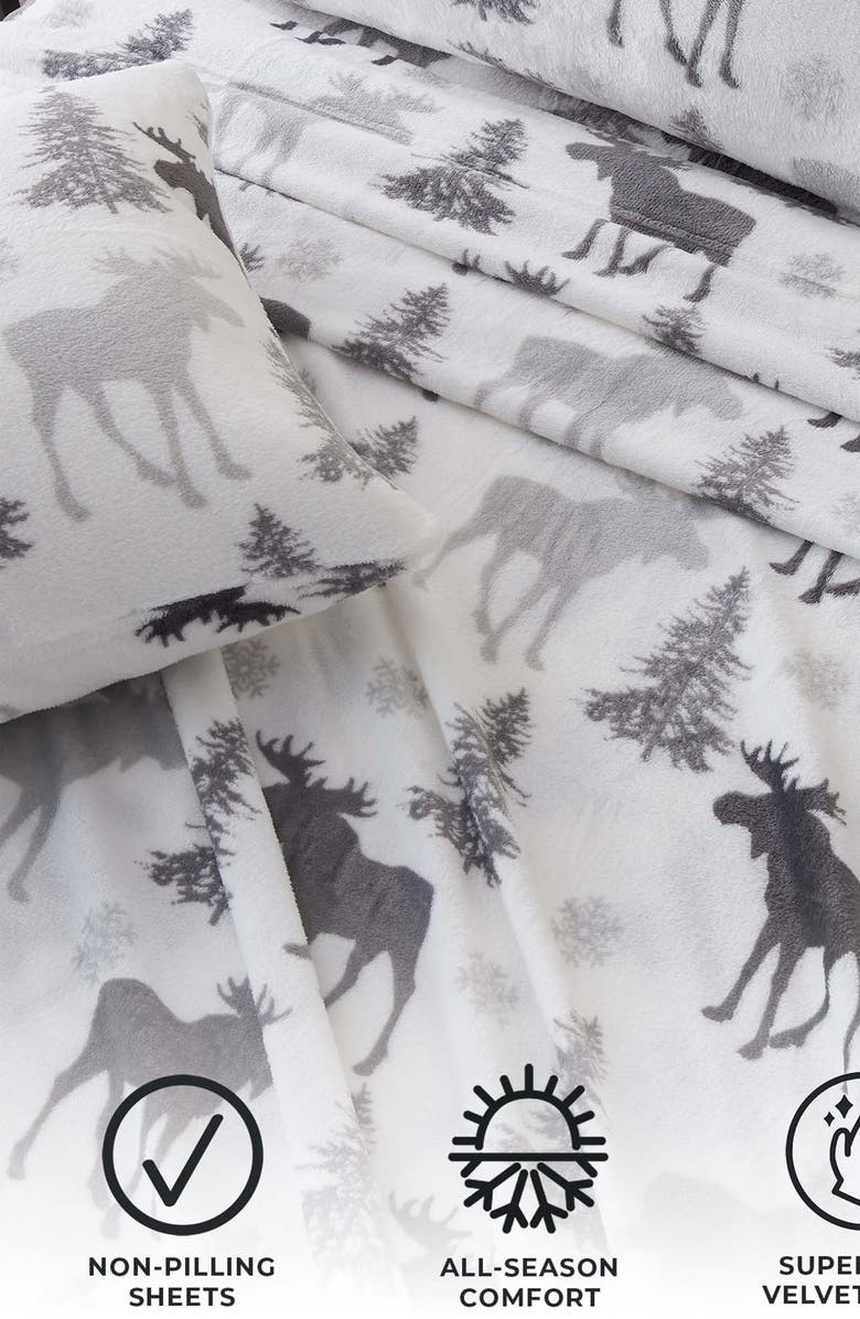 Woven & Weft Printed Plush Velour Sheet Set, Alternate, color, Moose