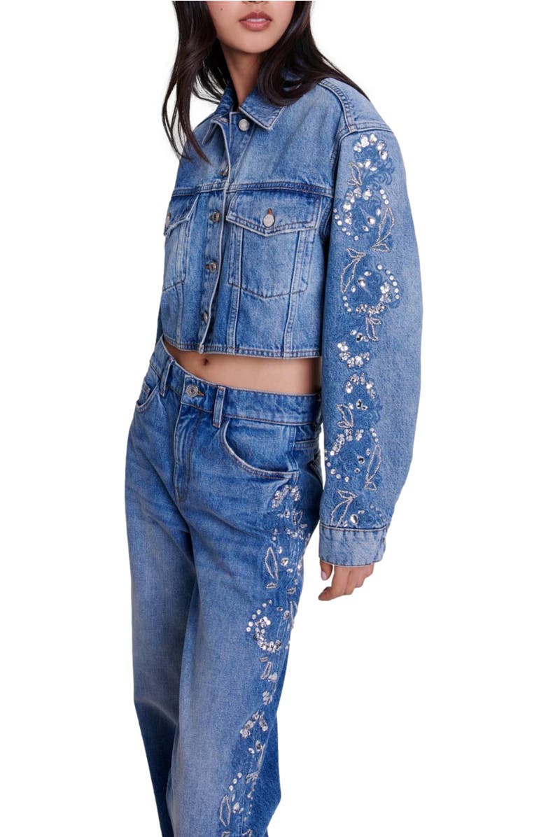 maje Embroidered denim jacket, Alternate, color, 