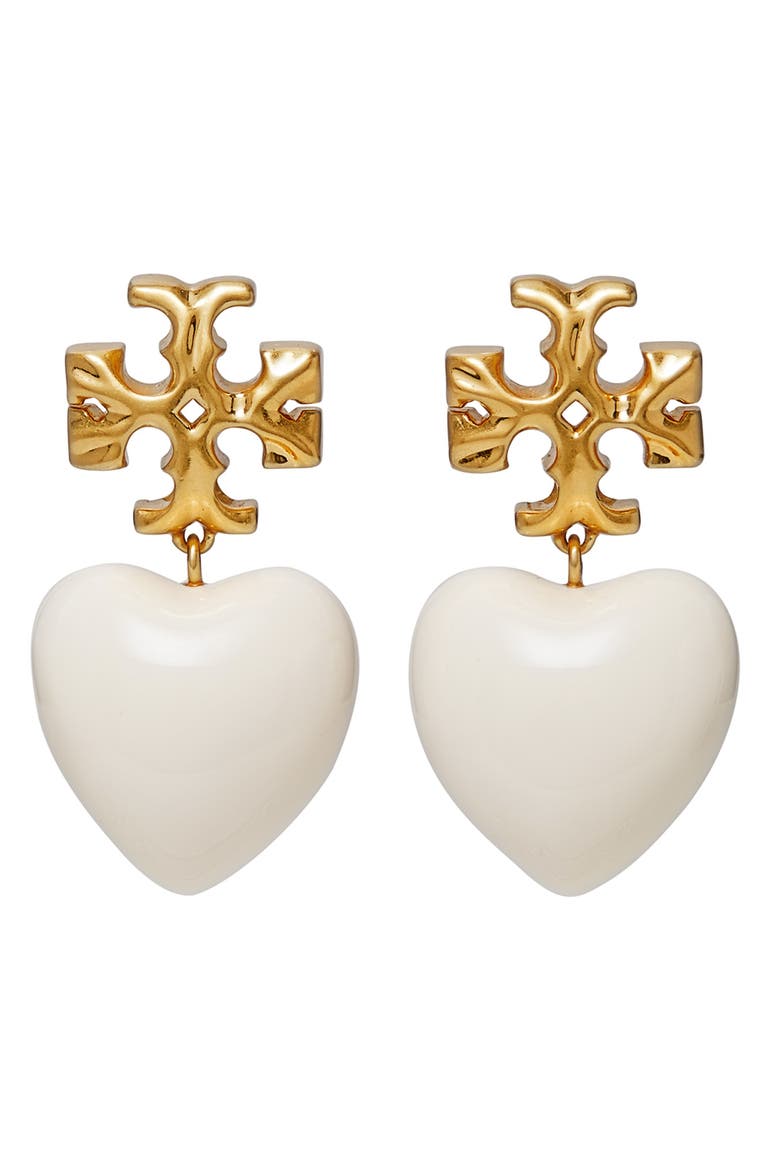 Roxanne Heart Drop Earrings, Main, color, ROLLED BRASS / WHITE