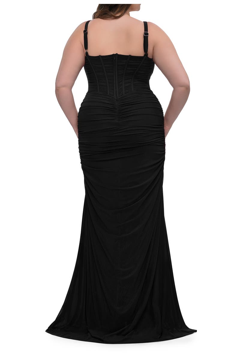 La Femme Corset Net Jersey Plus Size Dress with V-Neck, Alternate, color, Black