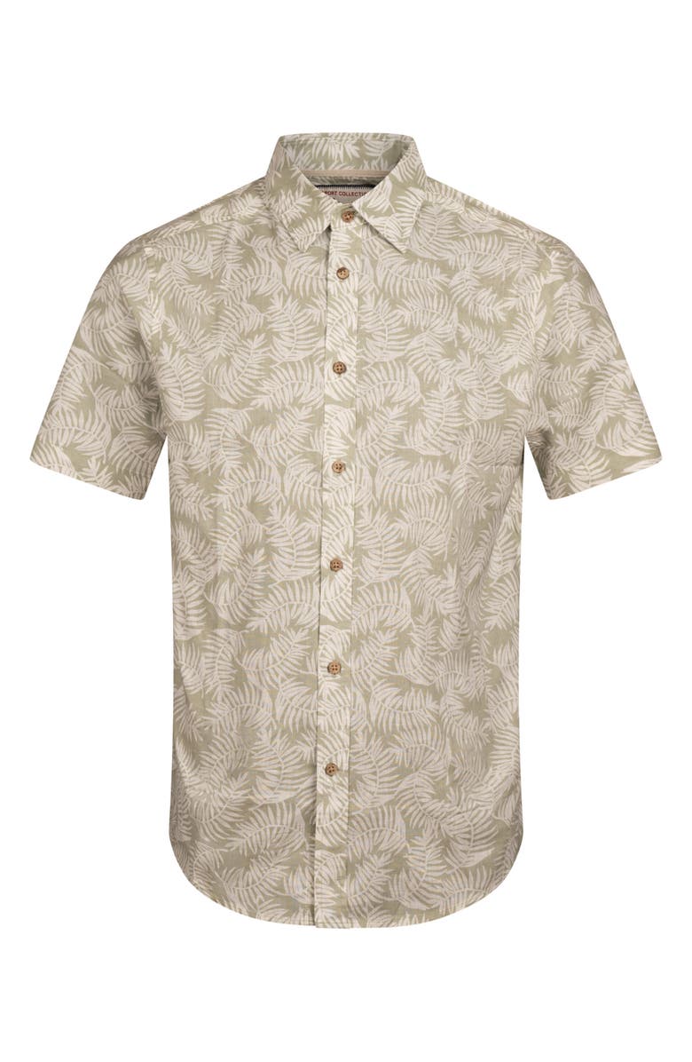 Report Collection Palm Leaf Print Short Sleeve Linen & Cotton Blend Button-Up Shirt, Alternate, color, Moss