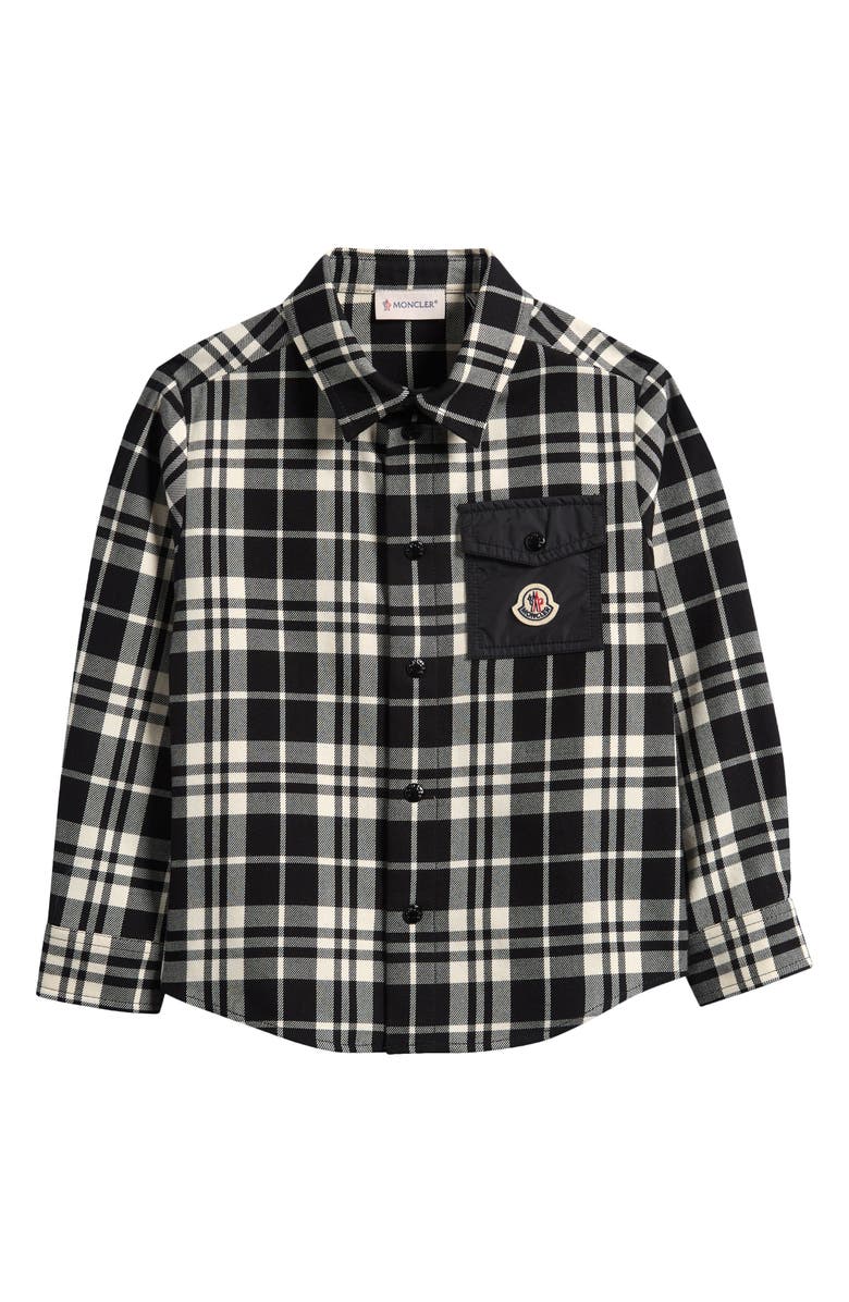 Moncler Kids' Mixed Media Plaid Snap-up Shirt, Main, color, Black