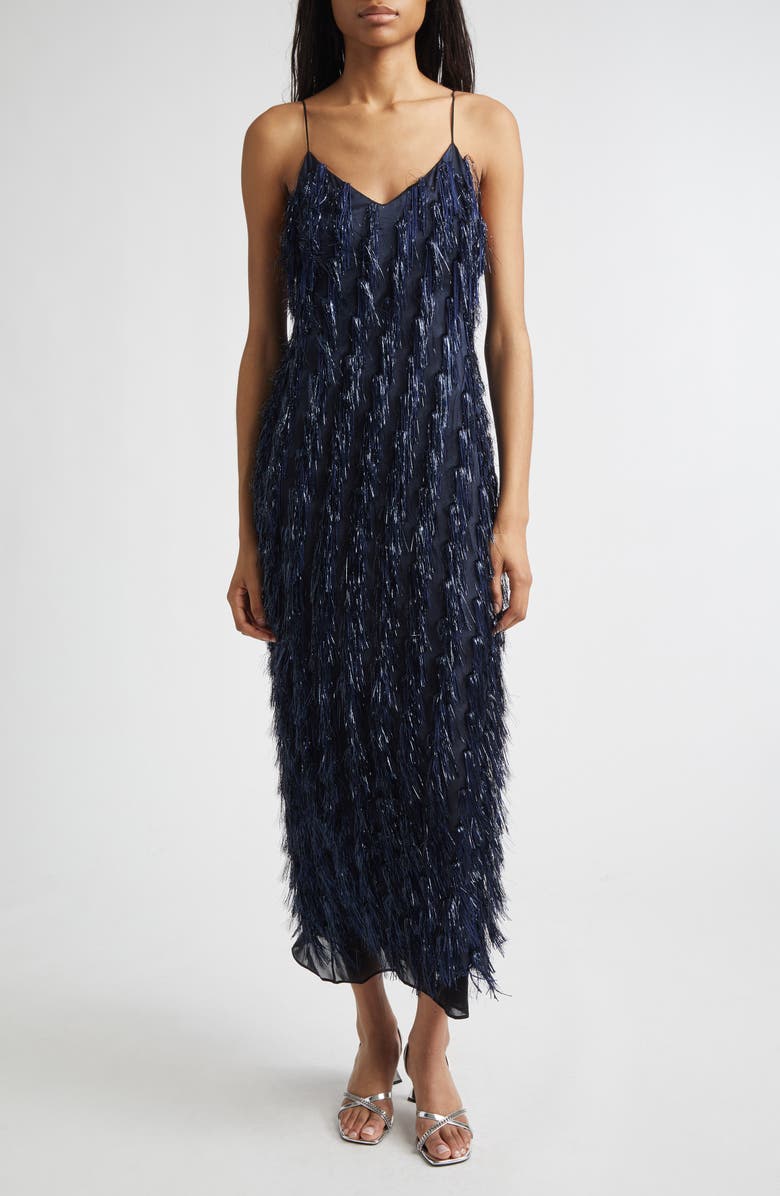 Stella McCartney Metallic Tinsel Satin Slipdress, Main, color, Navy