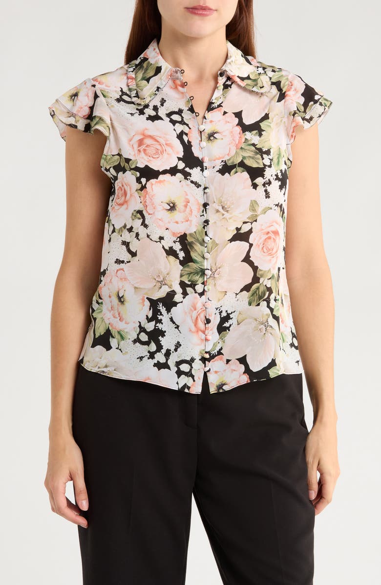 Alice + Olivia Martel Floral Flutter Sleeve Silk Button-Up Shirt, Main, color, Morningside Floral Black