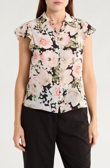 Alice And Olivia Alice + Olivia Martel Floral Flutter Sleeve Silk Button-up Shirt In Pink