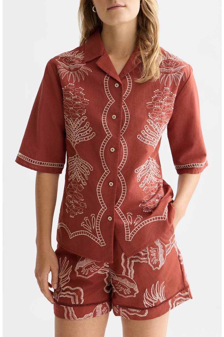 Embroidered Cotton & Linen Button-Up Shirt, Main, color, BURNT HENNA