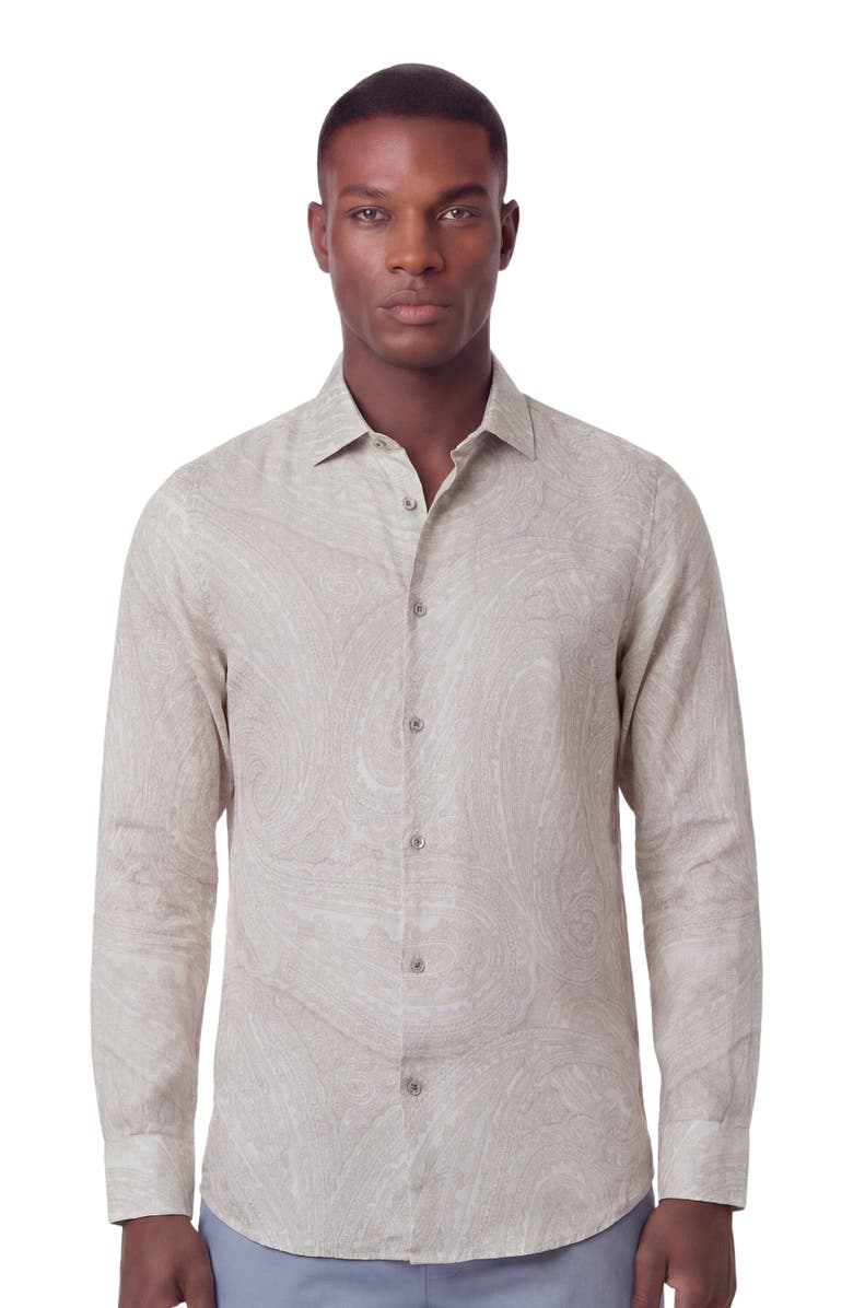 Lords of Harlech Uomo Wild Paisley Oxford Long Sleeve Fine Linen Shirt, Main, color, Ivory