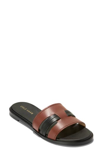 Cole Haan Flynn Slotted Leather Slide Sandal In Dark Cuoio/black Leather