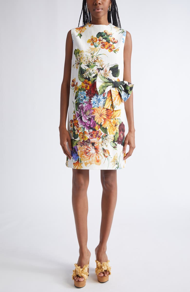 Dolce&Gabbana Flower Bouquet Print Bow Front Minidress, Main, color, Ha5pc B.fiori Cret. F.bco