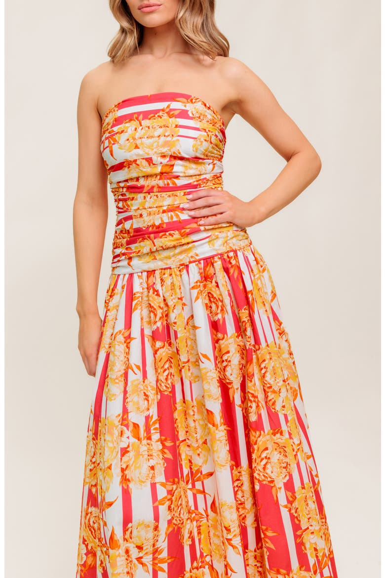 Floral Strapless Ruched Cotton Midi Dress, Alternate, color, STRAWBERRY