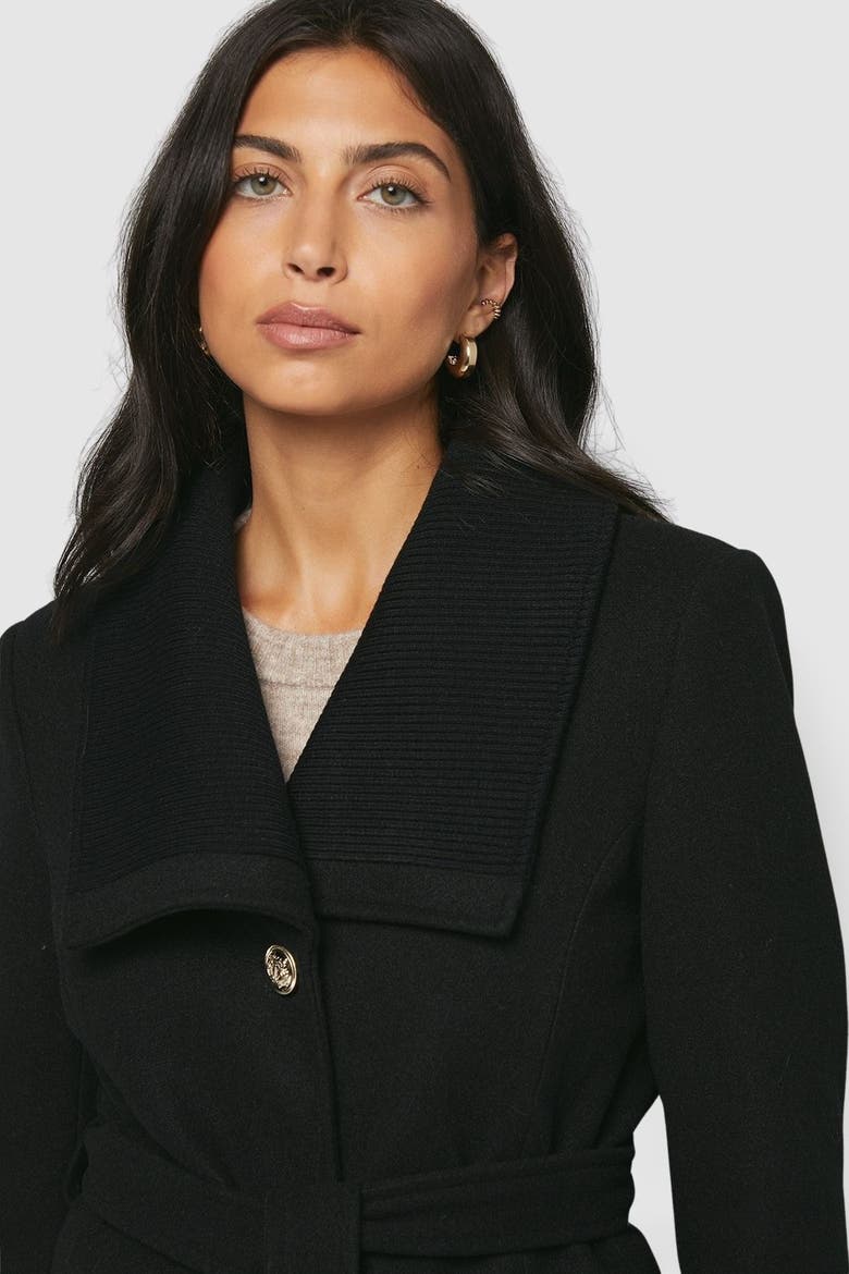 Knitted Collar Button Through Wrap Coat, Alternate, color, Black