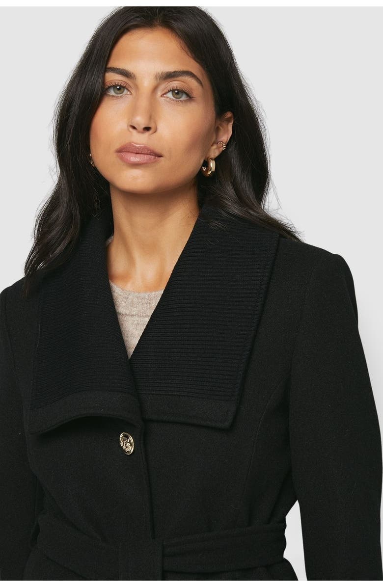 Wallis Knitted Collar Button Through Wrap Coat, Alternate, color, Black