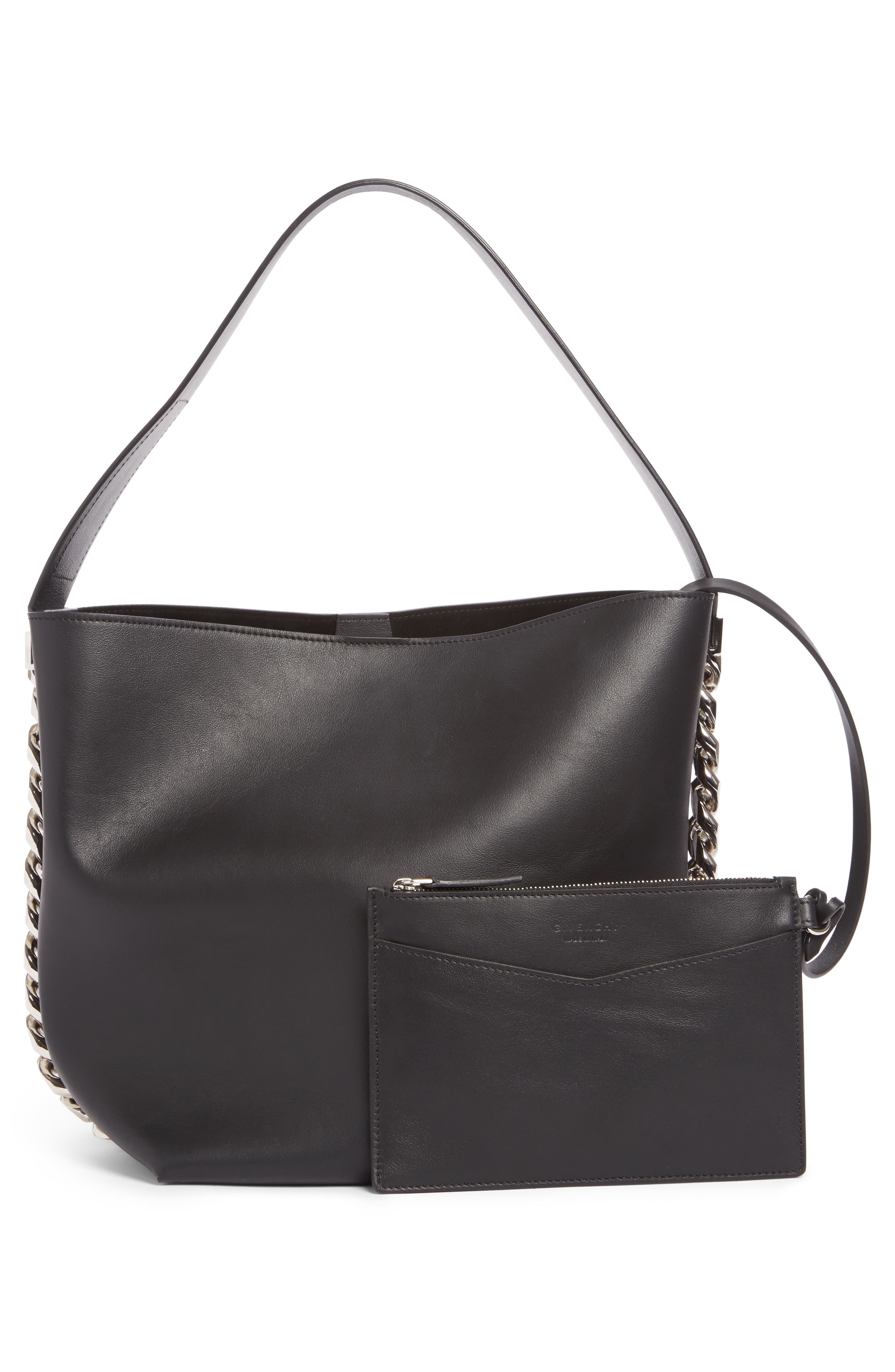 Infinity Calfskin Leather Bucket Bag, Alternate, color, BLACK