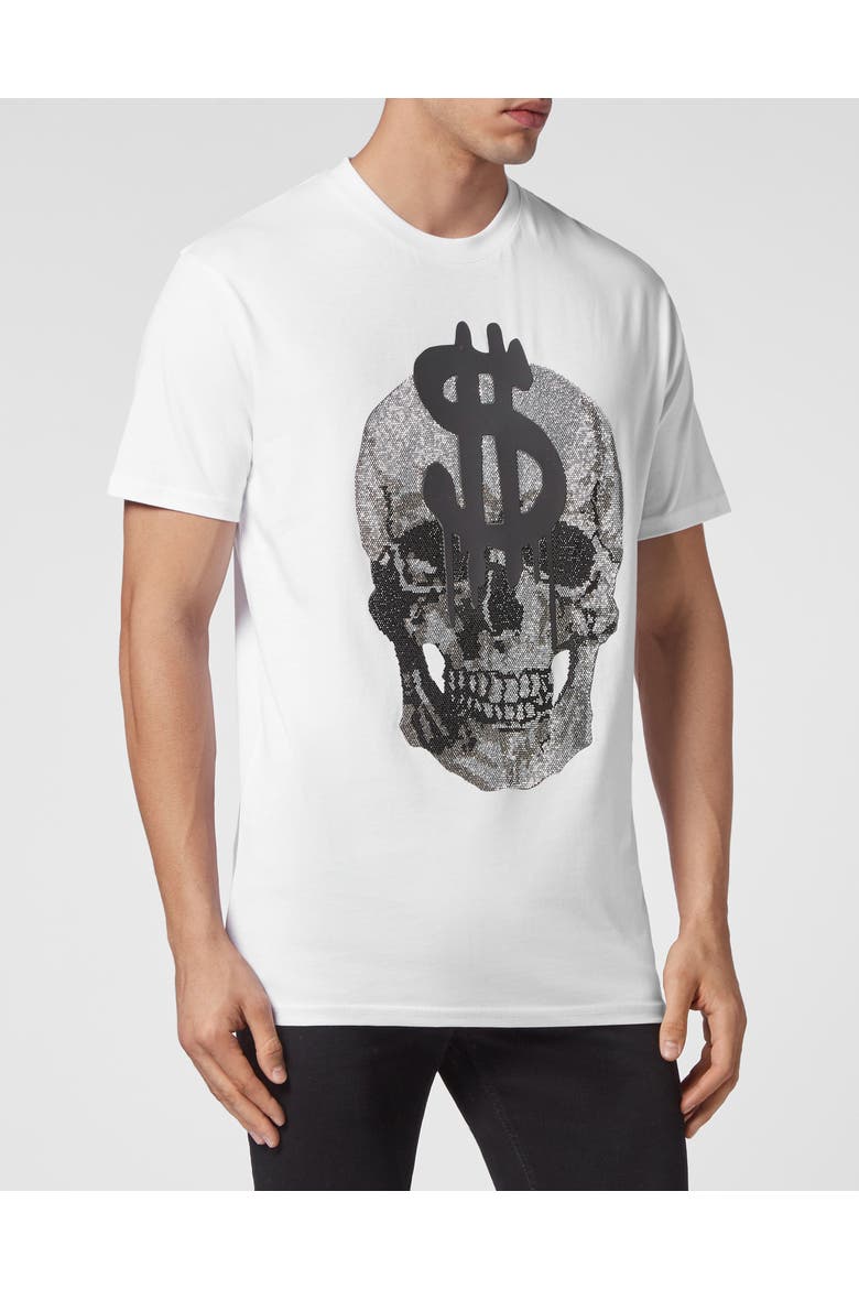T-Shirt Round Neck Skull Men, Main, color, white