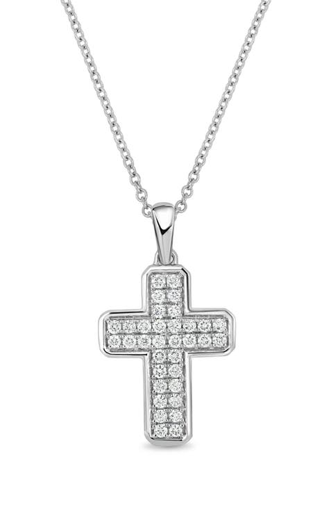 18K White Gold Pavé Diamond Cross Pendant Necklace