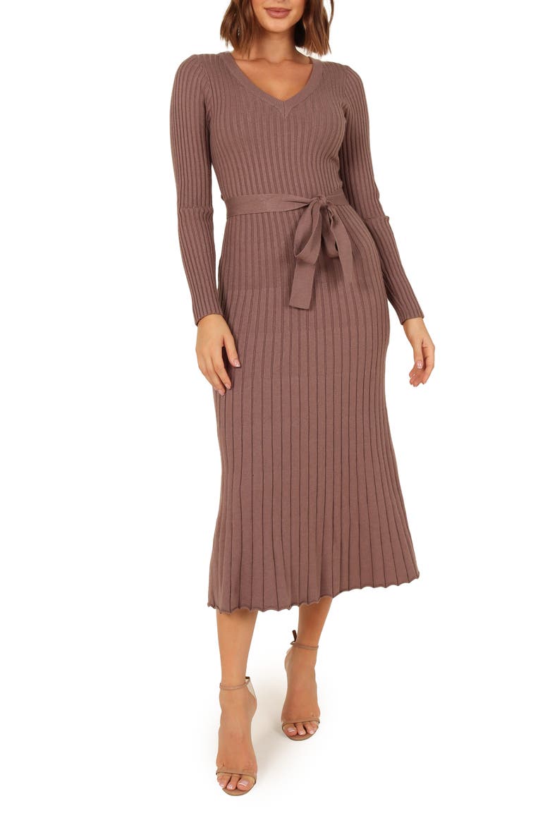 Reigan Tie Waist Long Sleeve Rib Midi Dress, Main, color, MOCHA