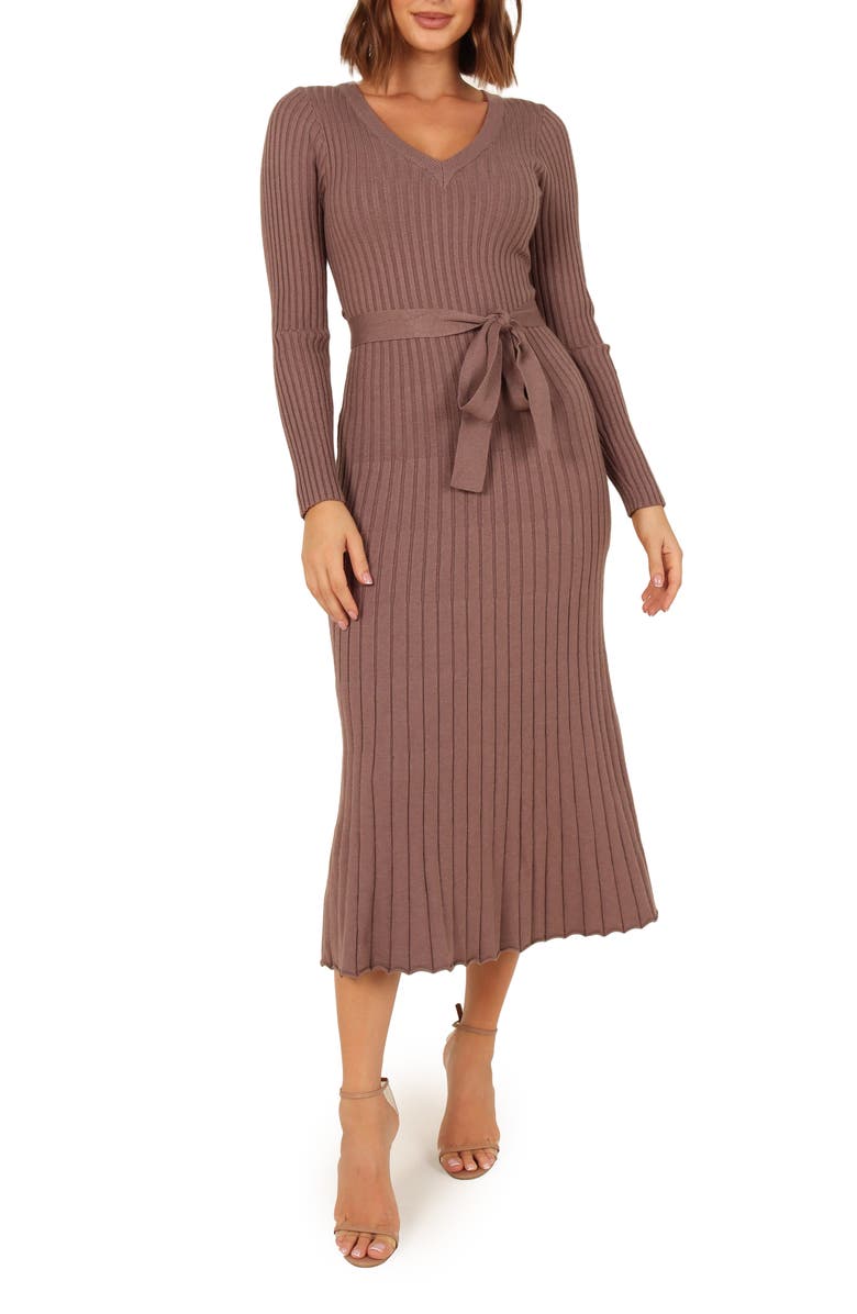 Petal & Pup Reigan Tie Waist Long Sleeve Rib Midi Dress, Main, color,