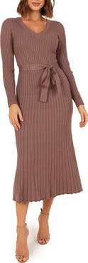Petal & Pup Reigan Tie Waist Long Sleeve Rib Midi Dress