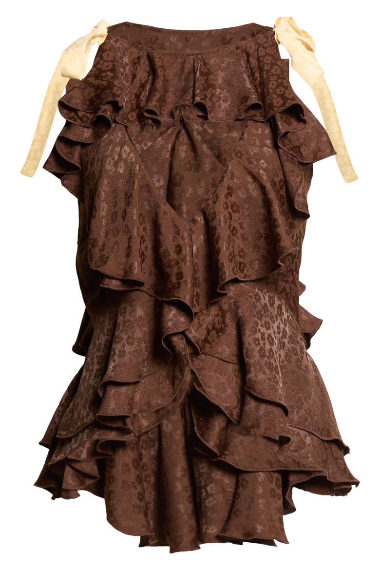 Marian Crop Ruffle Satin Jacquard Top, Main, color, BROWN/ YELLOW