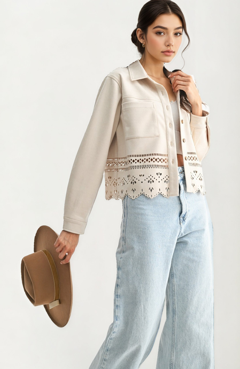 Knit and Lounge Eyelet Cutout Scalloped-Hem Button-Front Jacket, Alternate, color, Ivory