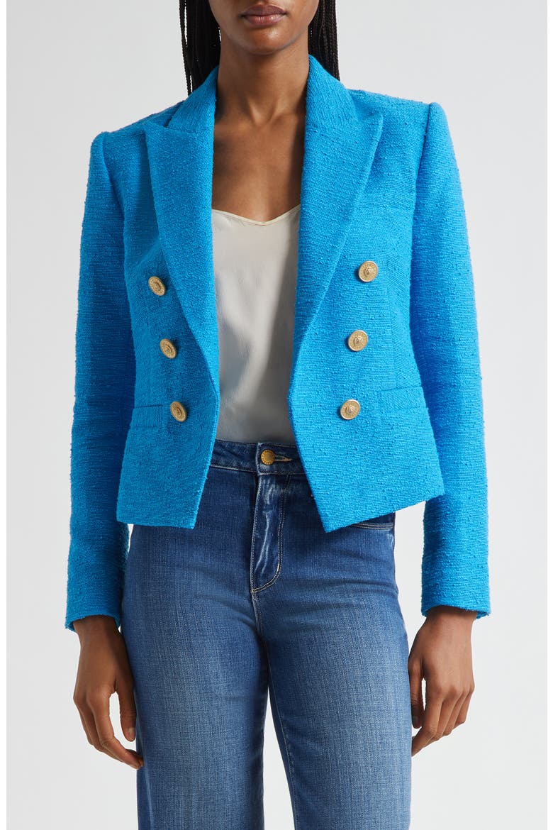 Brooke Double Breasted Crop Cotton Blend Blazer, Main, color, DRESDEN BL