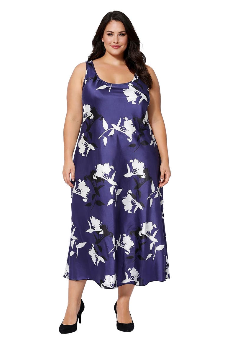 Floral Satin Slipdress & Cap Sleeve Top Set, Alternate, color, NAVY WHITE