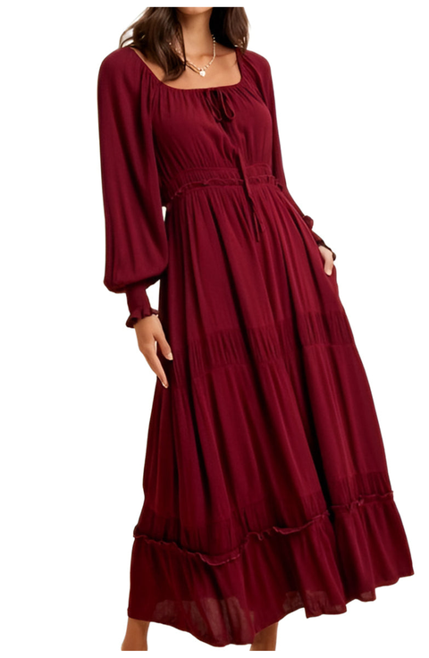 Long-Sleeve Smocked Maxi Dress with Tiered Skirt