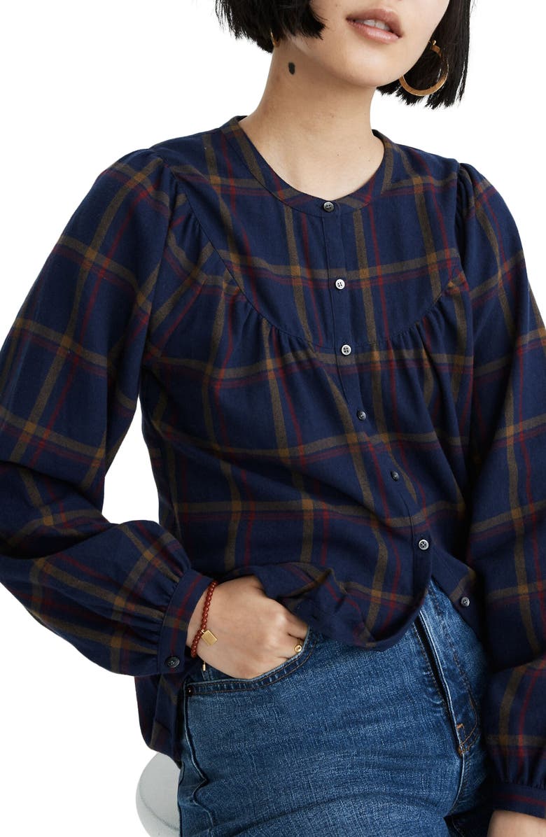 Madewell Kingham Plaid Flannel Balloon Sleeve Top, Main, color, 