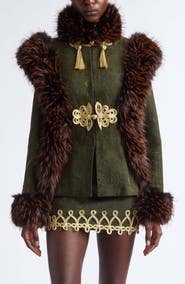 KIM SHUI Faux Fur Trim Chinese Brocade Jacket