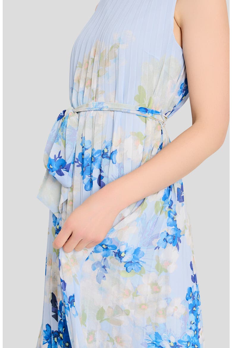 Border Print Pleated Tie Waist Midi Dress, Alternate, color, IVORY BLUE FLORAL