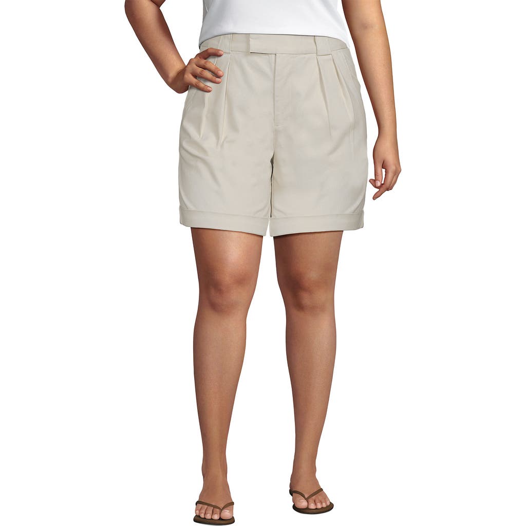 Lands' End Chino High Rise Pleated 7" Shorts In Light Stone