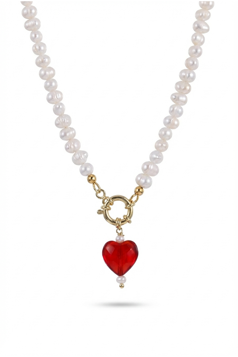 Kokoro Red Heart Freshwater Pearl Necklace, Alternate, color, Red and Gold