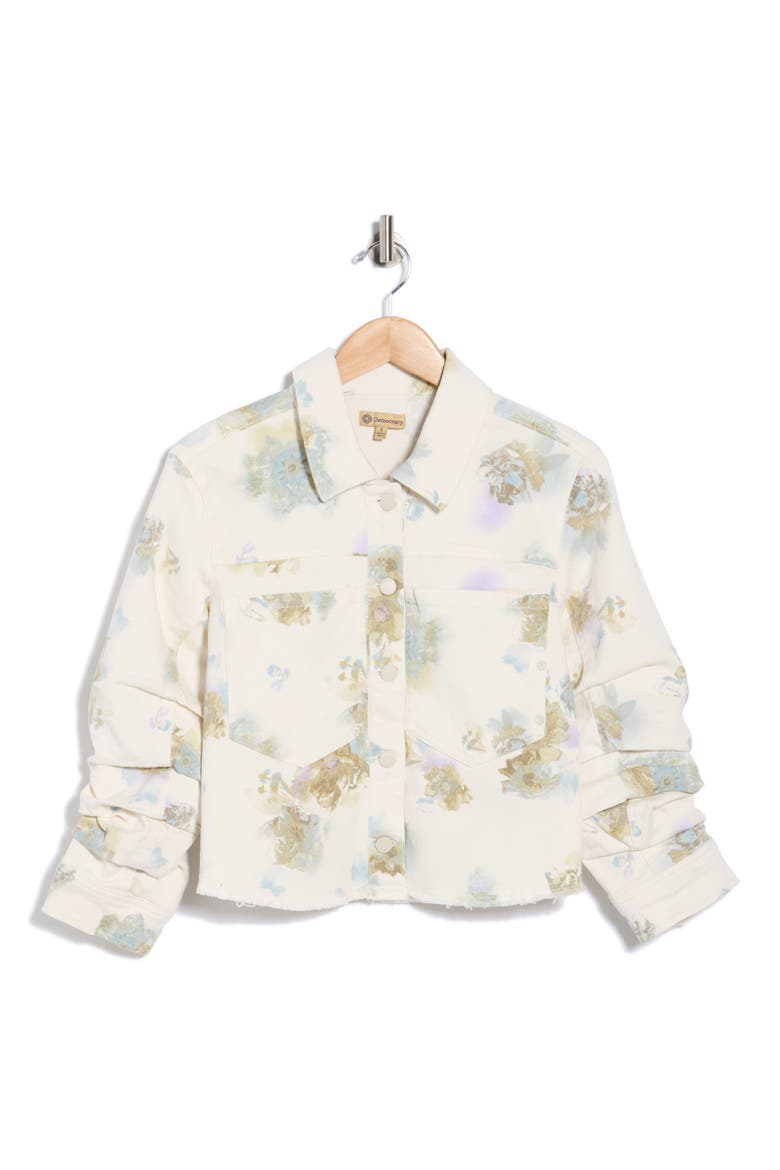 Ruched Sleeve Crop Denim Jacket, Alternate, color, OFF WHITE/ LAVENDER MULTI
