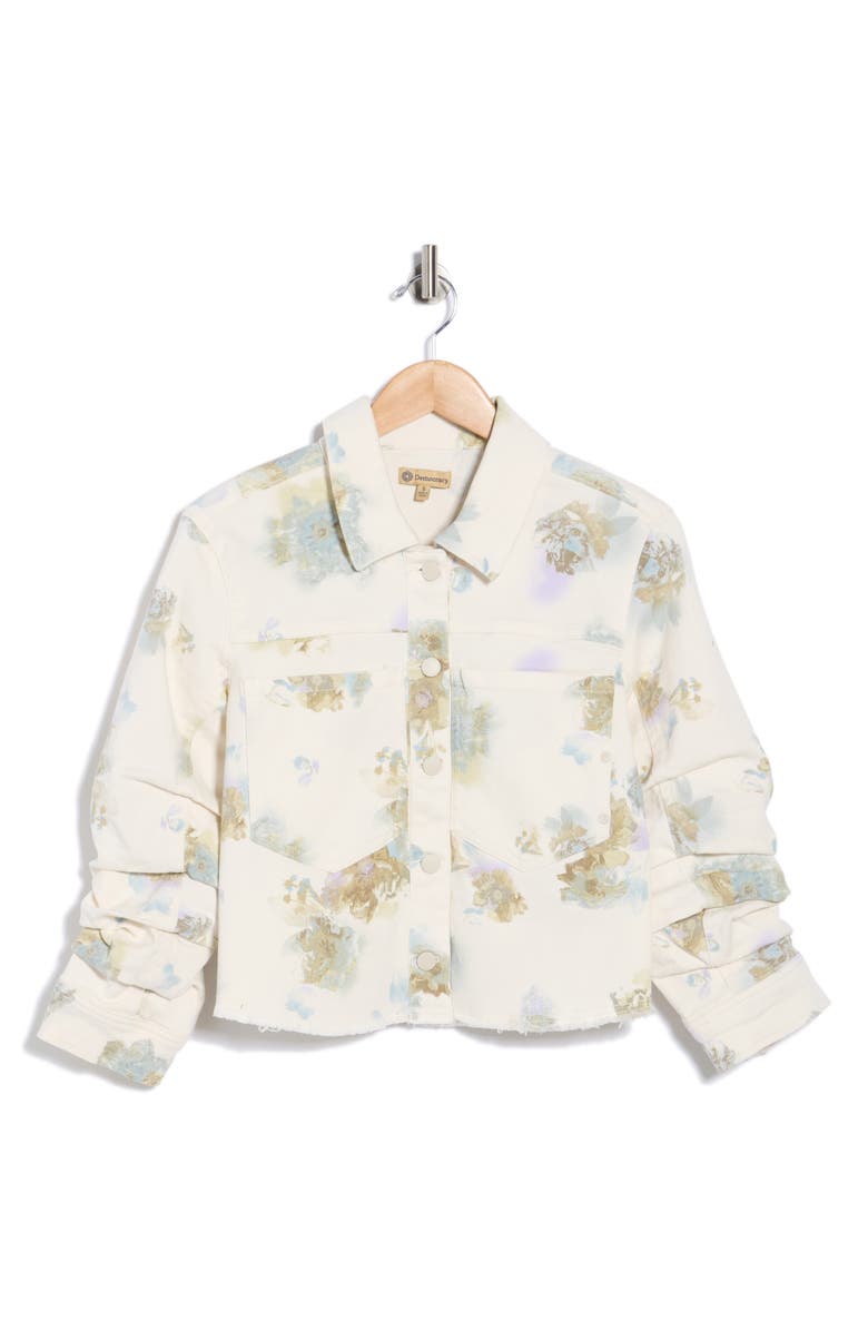 Democracy Ruched Sleeve Crop Denim Jacket, Alternate, color, Off White/ Lavender Multi