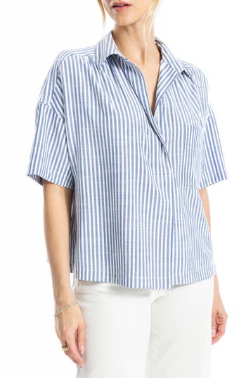 Max Studio Split Neck Collar Short Sleeve Top In Blue