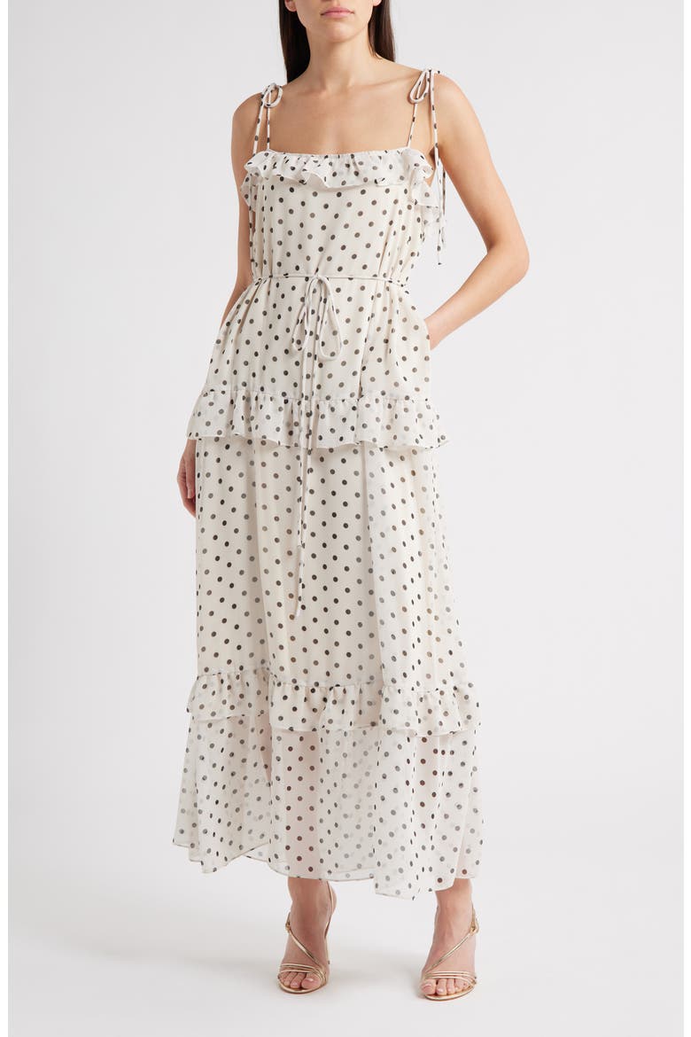 polka dot tiered midi dress Polka Dot Smocked Bodice 5 Tiered Midi Dress - LARGE / NATURAL