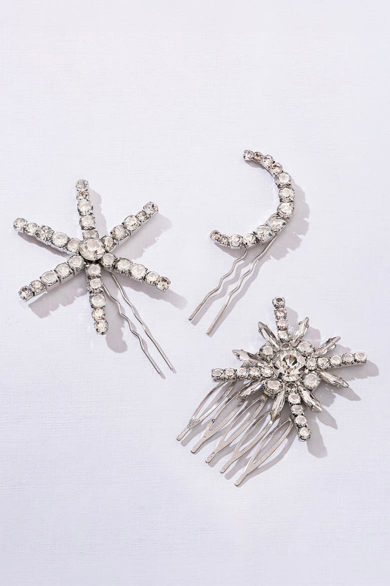 Set of 3 Celestia Crystal Hair Pins - Silver, Main, color, Metallic Silver