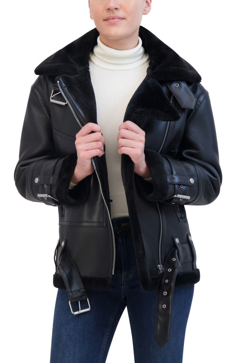 Rebecca Minkoff Faux Leather & Faux Shealing Moto Jacket, Alternate, color,