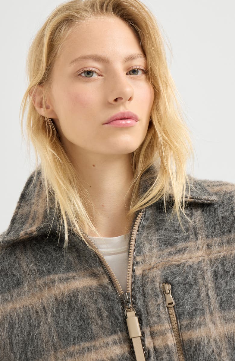 Brunello Cucinelli Jacquard check knit outerwear jacket, Alternate, color, Grey