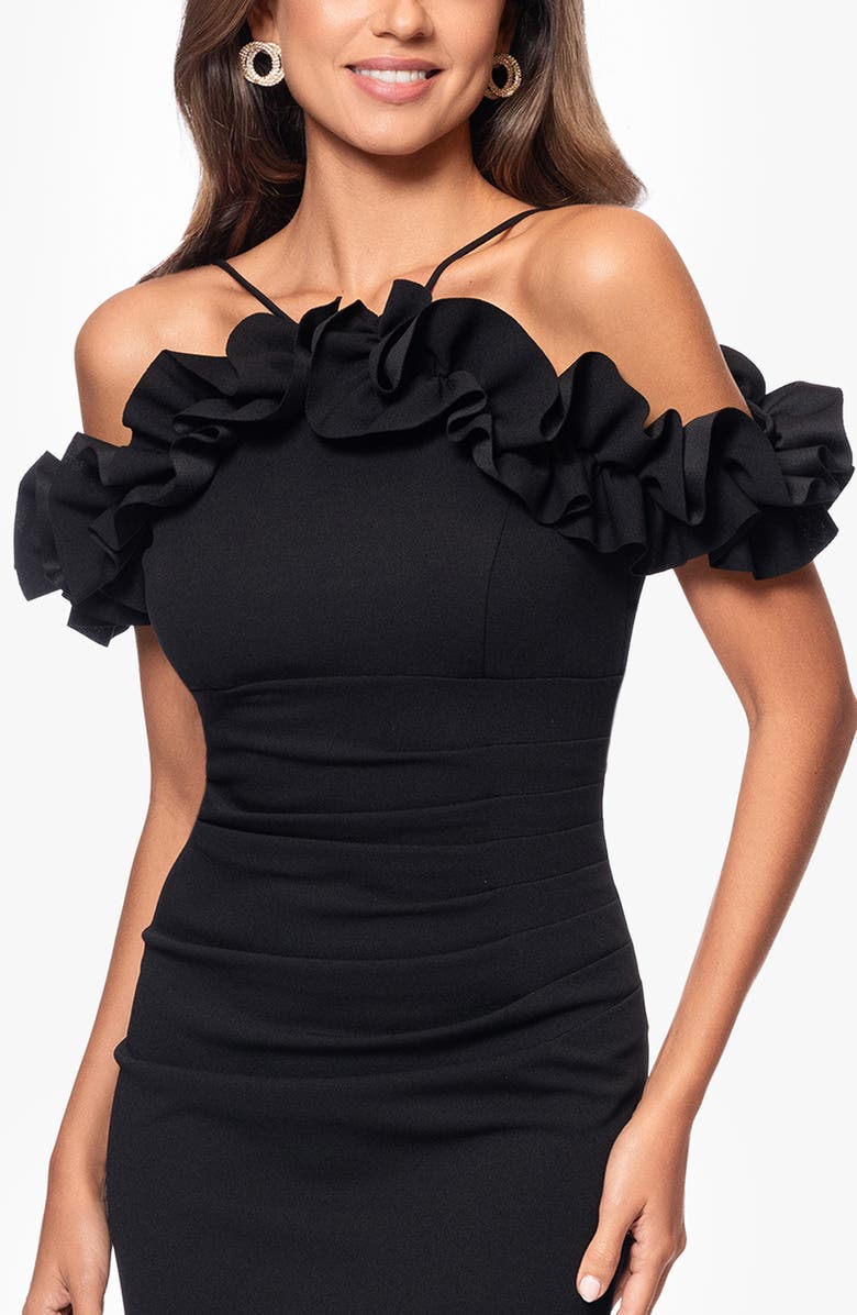 Xscape Evenings Ruffle Detail Crepw Body-Con Gown, Alternate, color, Black