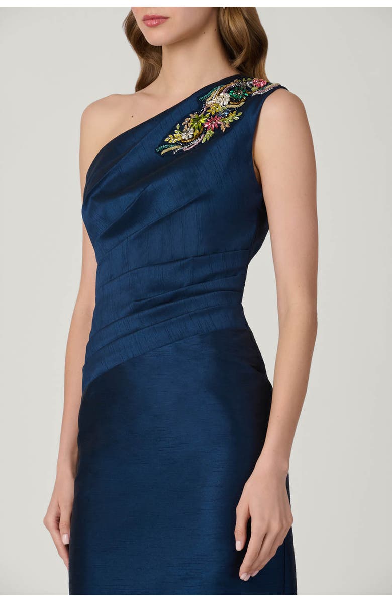 Shoshanna Midnight Como Embellished Dupioni Dress, Alternate, color, Navy