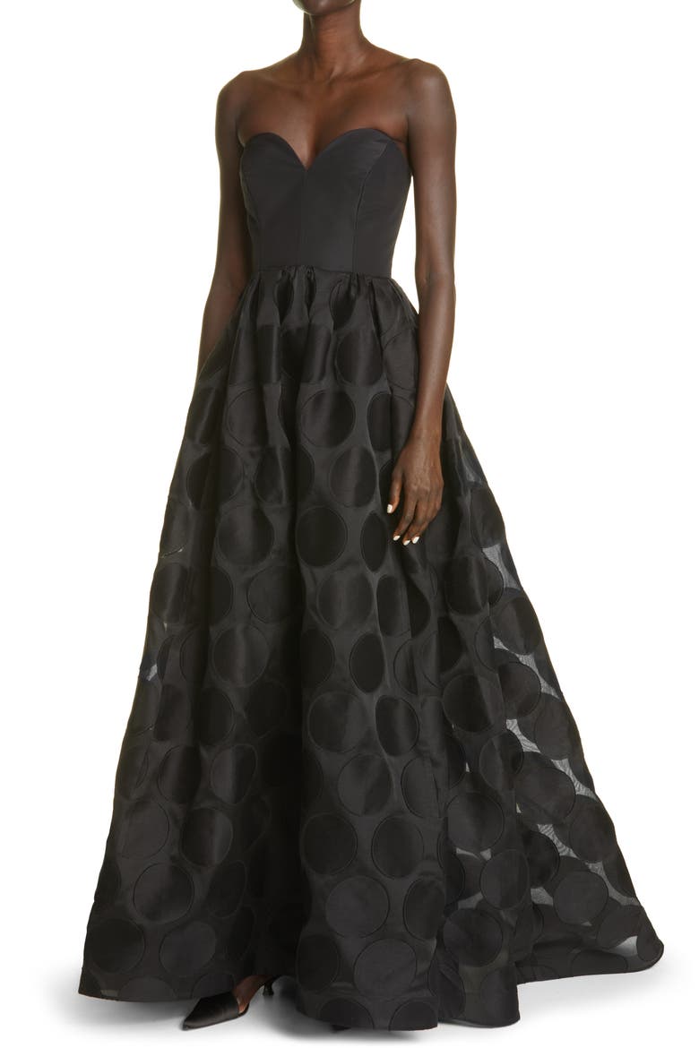 Fil Coupé Polka Dot Strapless Ballgown, Alternate, color, BLACK