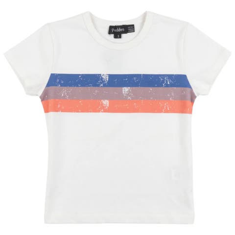 Multi Color Stripe Ribbed Neckline Cotton Spandex T-Shirt (Toddler, Little Kid & Big Kid)