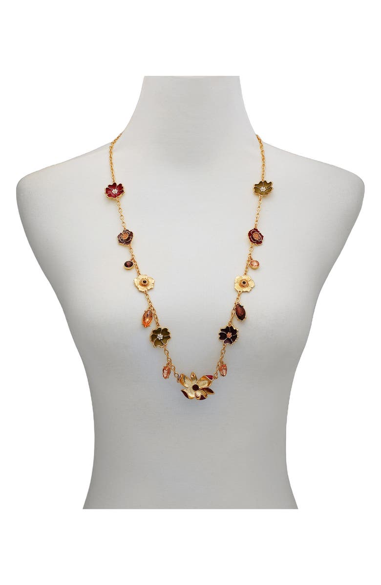GUESS Crystal Charm Floral Station Chain Long Necklace, Alternate, color, Gold Tone