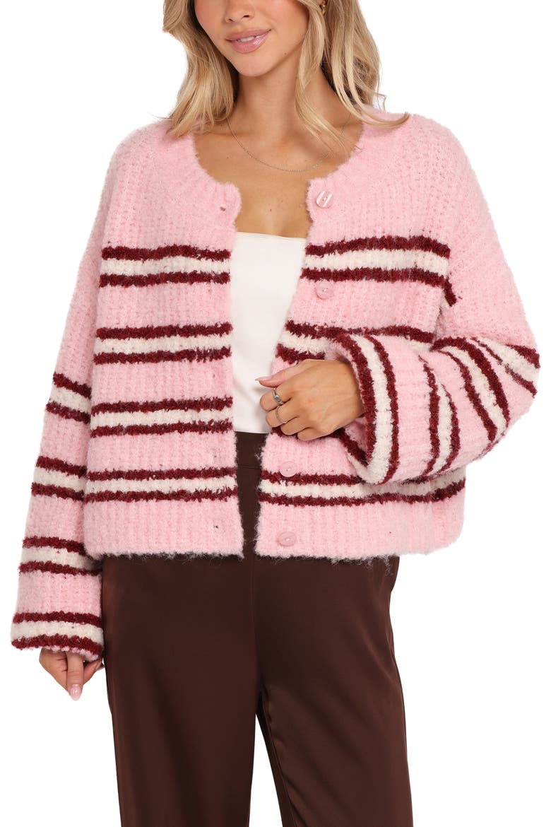Albertine Bouclé Crop Cardigan, Main, color, PINK STRIPE