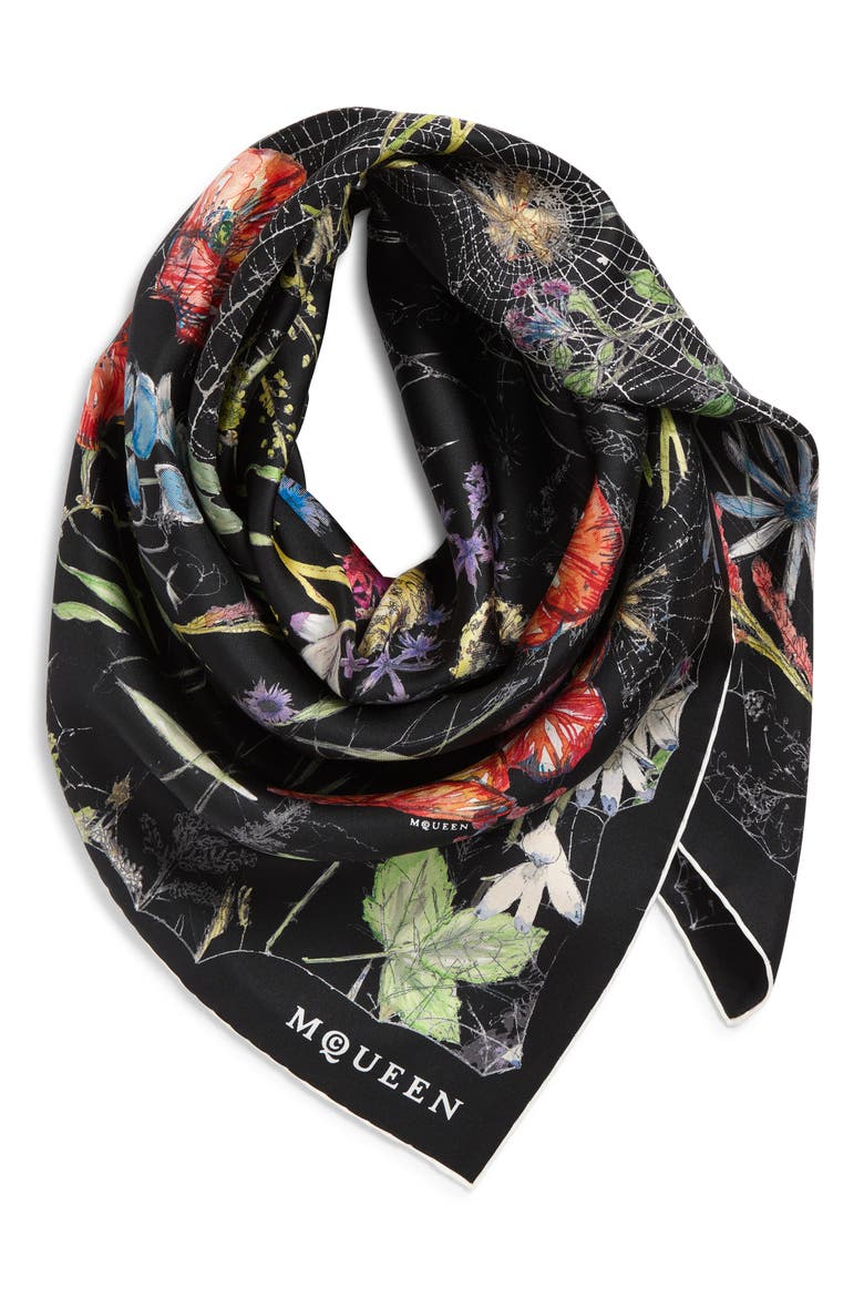Spider Floral Silk Twill Square Scarf, Alternate, color, BLACK/ IVORY
