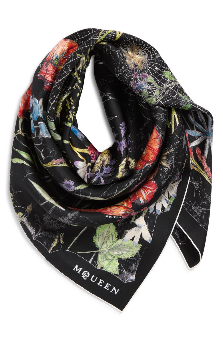 McQueen Spider Floral Silk Twill Square Scarf, Alternate, color, Black/ Ivory